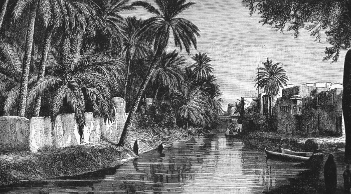 Framed Print : Wide canal near Baghdad, oasis, palm garden, buildings, boats, travelling in Asia, Iraq, historical illustration 1887, Asia