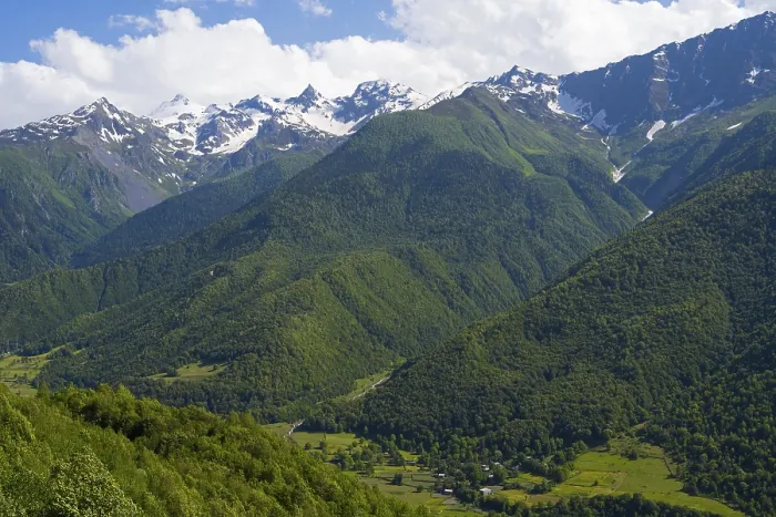 Framed Print : Wide green valley with snow-covered mountains in the background under clear sky Framed Print : Wide green valley with snow-covered mountains in the background under clear sky