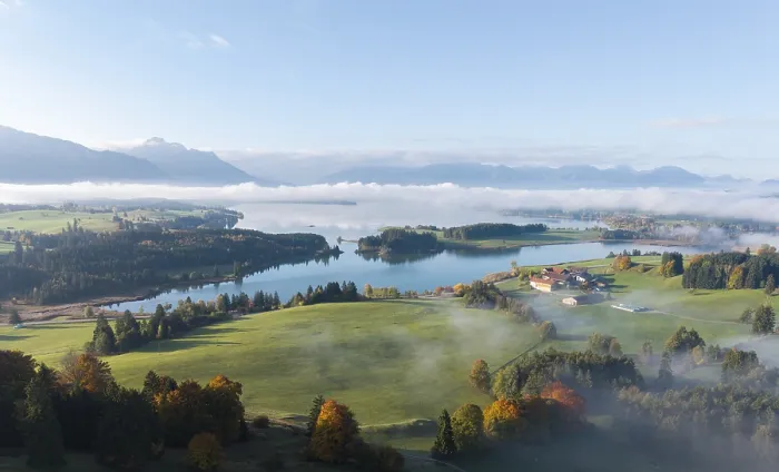 Framed Print : Wide landscape with Forggensee and mountains in the background Framed Print : Wide landscape with Forggensee and mountains in the background