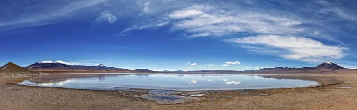 Framed Print : Wide and open landscape with a lake under dramatic skies and distant mountains