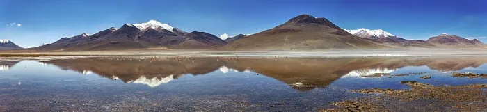 Framed Print : Wide panoramic view of mountains reflecting in the still lake Framed Print : Wide panoramic view of mountains reflecting in the still lake