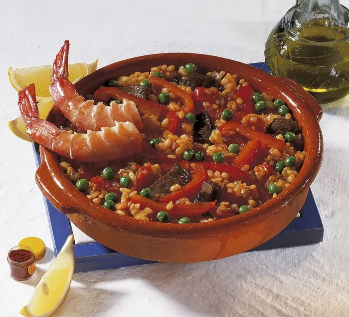 Framed Print : Wild boar paella with peppers, peas Framed Print : Wild boar paella with peppers, peas