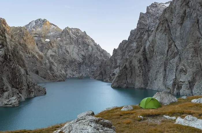 Framed Print : Wild camping, camping in the wilderness with a tent in front of mountain lake Kol Suu Framed Print : Wild camping, camping in the wilderness with a tent in front of mountain lake Kol Suu