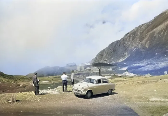 Framed Print : Wilfried-Haslauer-Haus or Haus Alpine Naturschau, Grossglockner High Alpine Road, Hohe Tauern National Park, Salzburger Land, Austria, Europe 1956 British Austin Cambridge A40 car overland adventure trip colourised Ektachrome slide, Europe