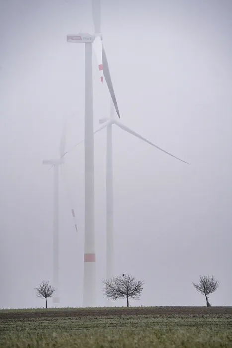 Framed Print : Wind farm in fog, dark doldrums Framed Print : Wind farm in fog, dark doldrums