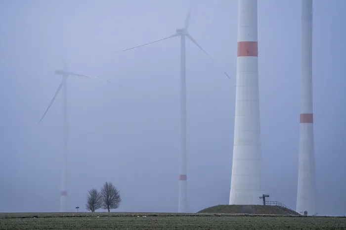 Framed Print : Wind farm in fog, dark doldrums Framed Print : Wind farm in fog, dark doldrums