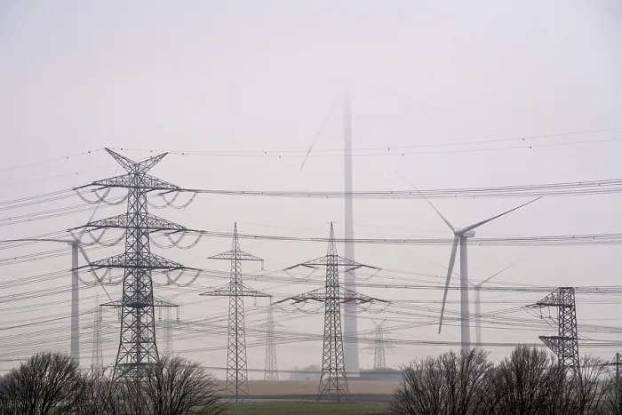 Framed Print : Wind farm in the fog, high-voltage pylons Framed Print : Wind farm in the fog, high-voltage pylons