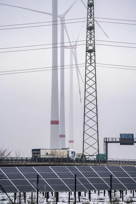 Framed Print : Wind farm in the fog, photovoltaic system