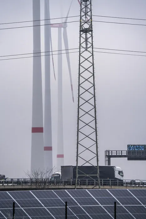 Framed Print : Wind farm in the fog, photovoltaic system Framed Print : Wind farm in the fog, photovoltaic system