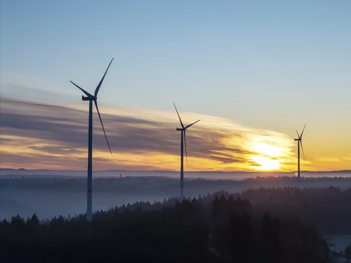 Framed Print : Three wind turbines in front of a foggy Framed Print : Three wind turbines in front of a foggy