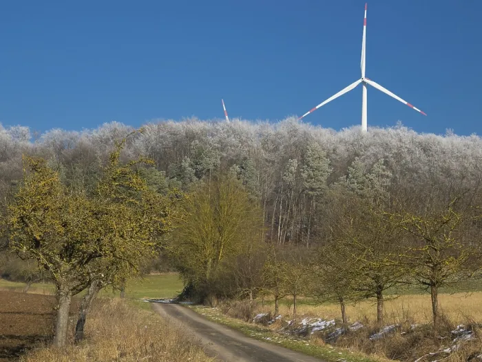 Framed Print : Wind turbines, in the middle of a hoarfrost covered forest