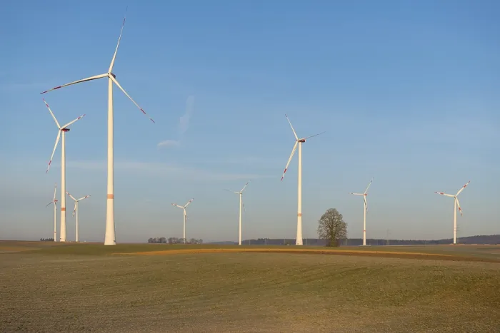 Framed Print : Wind turbines in open landscape with clear sky behind a row of trees