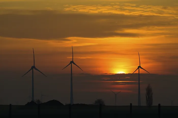 Framed Print : Wind turbines, sunrise, morning mood