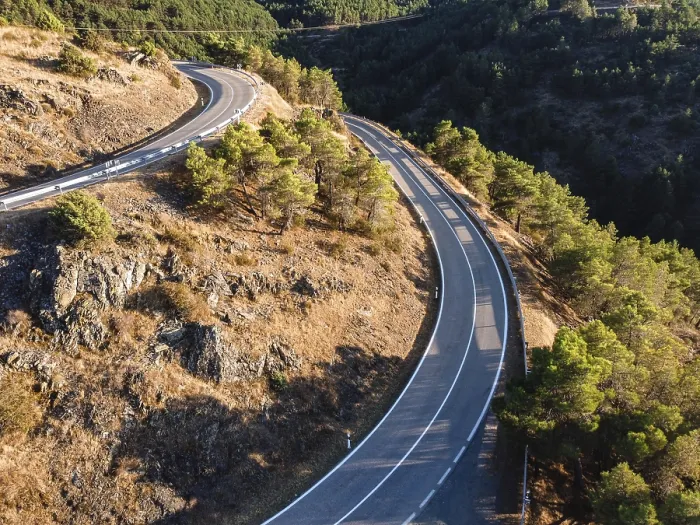 Framed Print : Winding mountain road in Madrid, aerial drone view