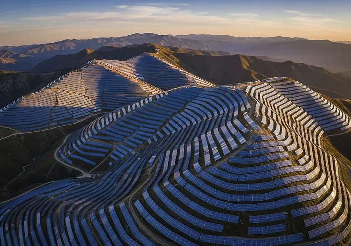 Framed Print : Winding rows of solar panels seamlessly integrated into a mountainous landscape under a dynamic sky Framed Print : Winding rows of solar panels seamlessly integrated into a mountainous landscape under a dynamic sky