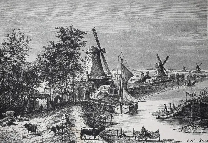 Framed Print : Windmills and boats by a river in an idyllic rural landscape with people and animals Framed Print : Windmills and boats by a river in an idyllic rural landscape with people and animals