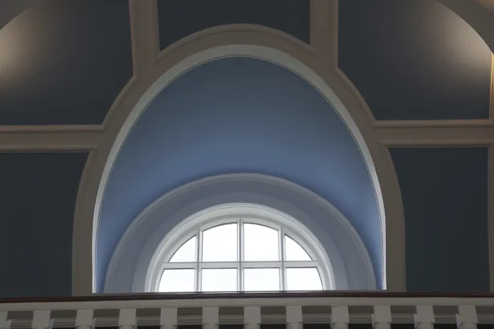 Framed Print : Window, inside the blue Church in Seydisfjordur