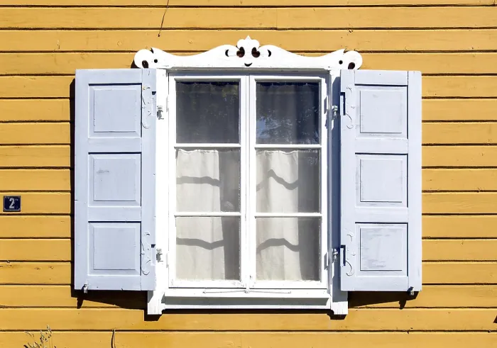 Framed Print : Window on a wooden residential building Framed Print : Window on a wooden residential building