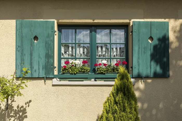 Framed Print : Windows with shutters in the small house neighbourhood Am grunen Zipfel