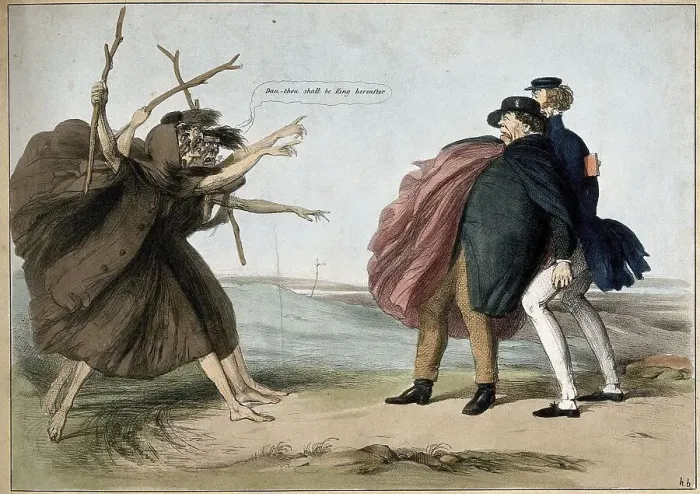 Framed Print : On a windswept heath, three witches prophesy to a stunned Daniel O Connell