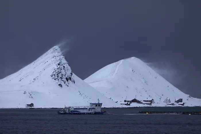 Framed Print : Windswept snow-capped mountains on the island of Mageroya