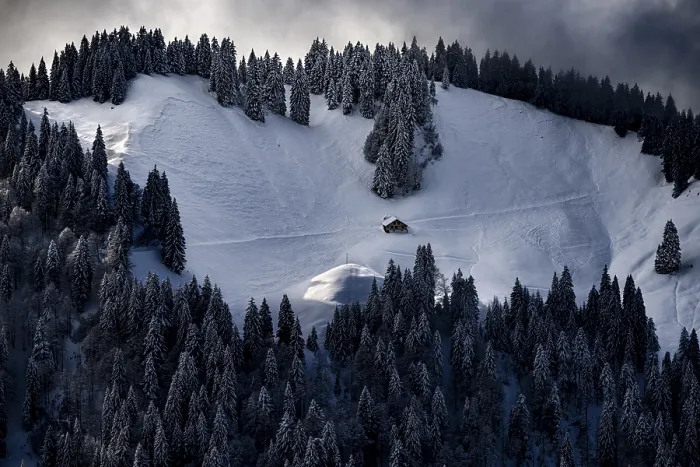 Framed Print : Winter forest with mountain hut Framed Print : Winter forest with mountain hut