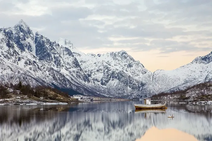 Framed Print : Winter landscape at Austnesfjord