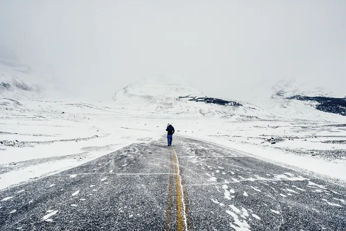 Framed Print : Winter road trip on the Icefields Parkway with lots of snow and ice