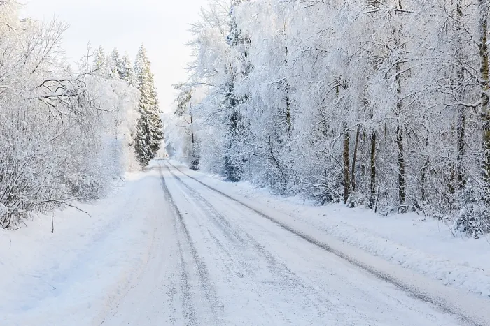 Framed Print : Winter road in a woodland with snow and frost