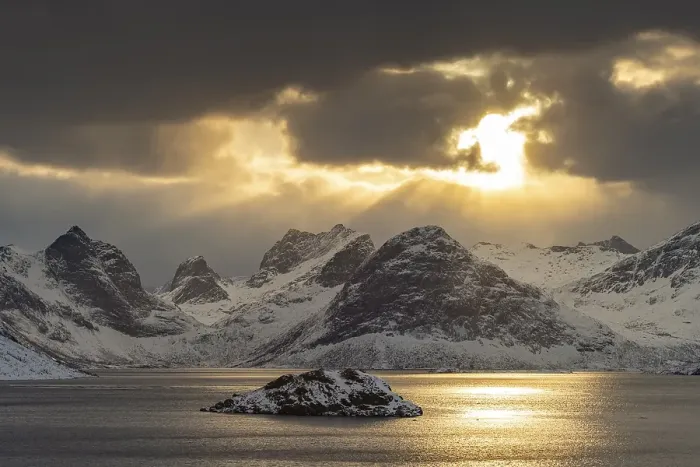 Framed Print : Winter Scandinavian landscape by the fjord