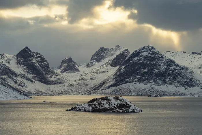 Framed Print : Winter Scandinavian landscape by the fjord