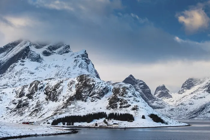 Framed Print : Winter Scandinavian landscape by the fjord