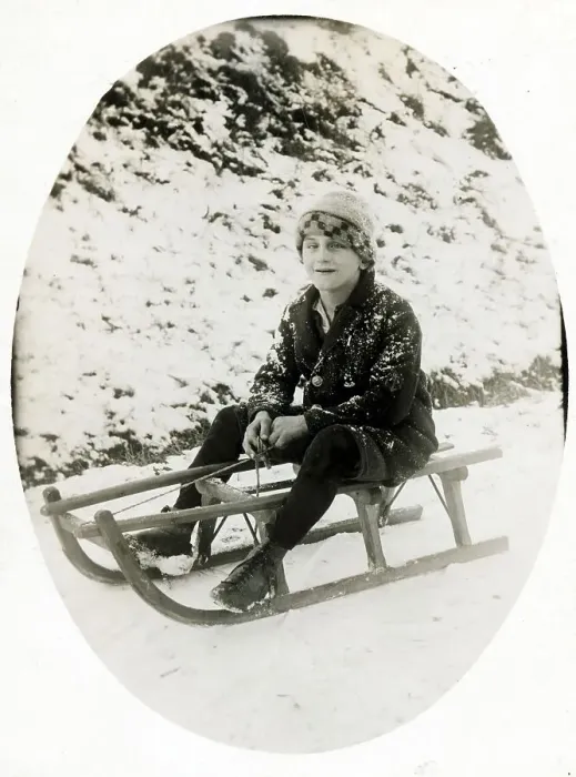 Framed Print : Winter sports, boy sledding, 1920s Framed Print : Winter sports, boy sledding, 1920s