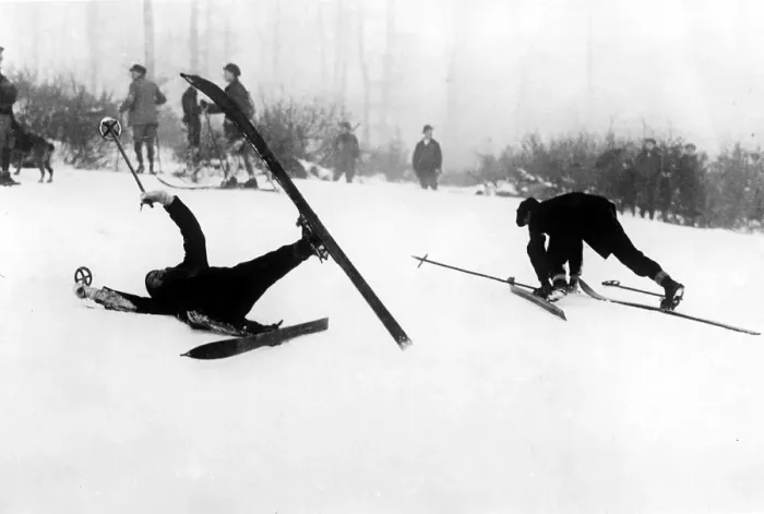 Framed Print : Winter sports, two fallen skiers