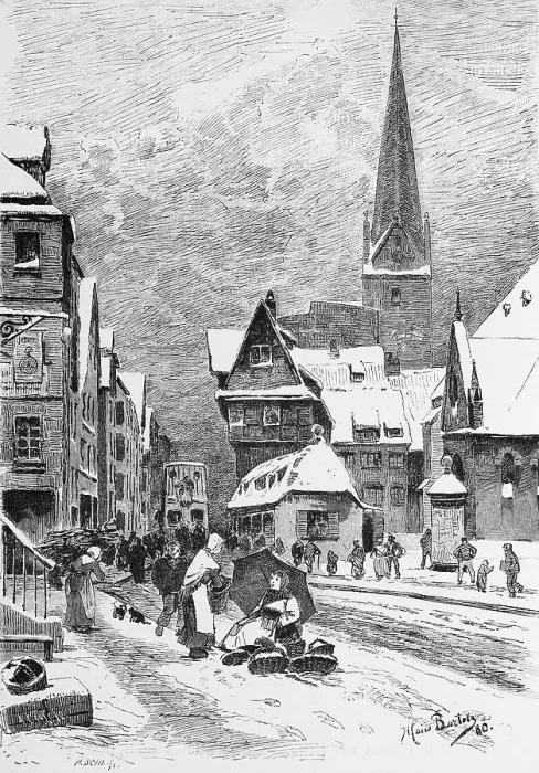 Framed Print : Winter street scene, stone street in the city centre Framed Print : Winter street scene, stone street in the city centre