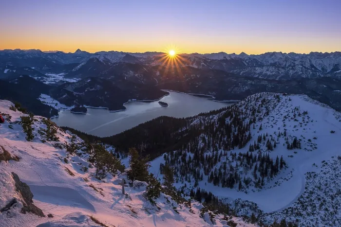 Framed Print : Winter sunrise over Lake Walchen with view of the Alps Framed Print : Winter sunrise over Lake Walchen with view of the Alps