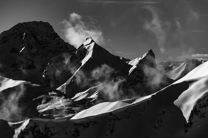 Framed Print : Winter Vorarlberg mountains, black and white