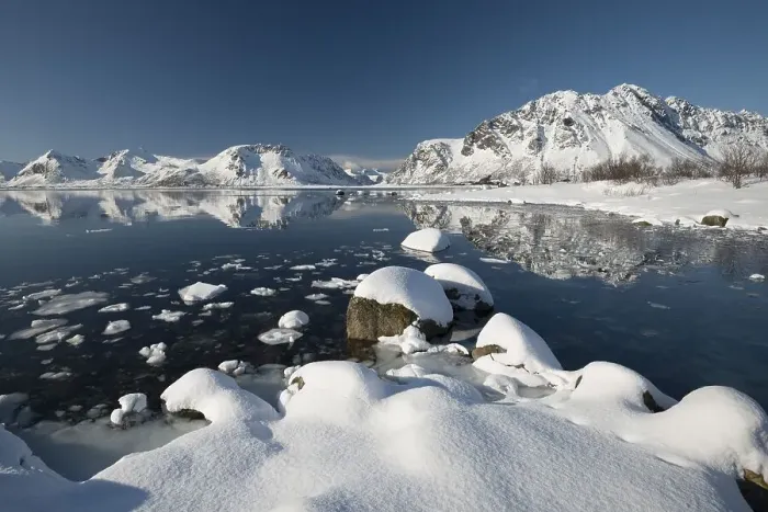 Framed Print : Wintry fjord with mountains, Vagan