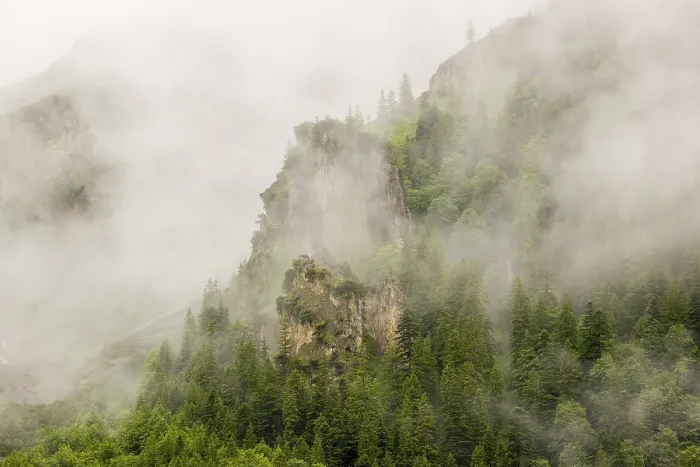 Framed Print : Wisps of mist cover the Karwendel mountains in the Grosser Ahornboden nature reserve