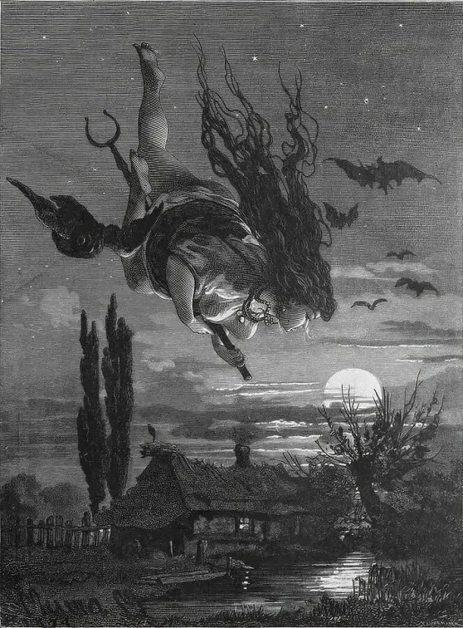 Framed Print : Witch flying through the night on a staff Framed Print : Witch flying through the night on a staff