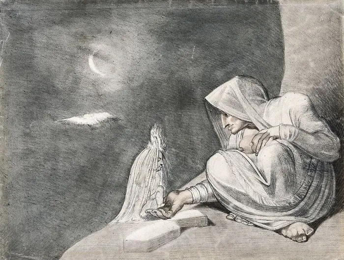Framed Print : A witch in the moonlight opening her hand to a small creature Framed Print : A witch in the moonlight opening her hand to a small creature