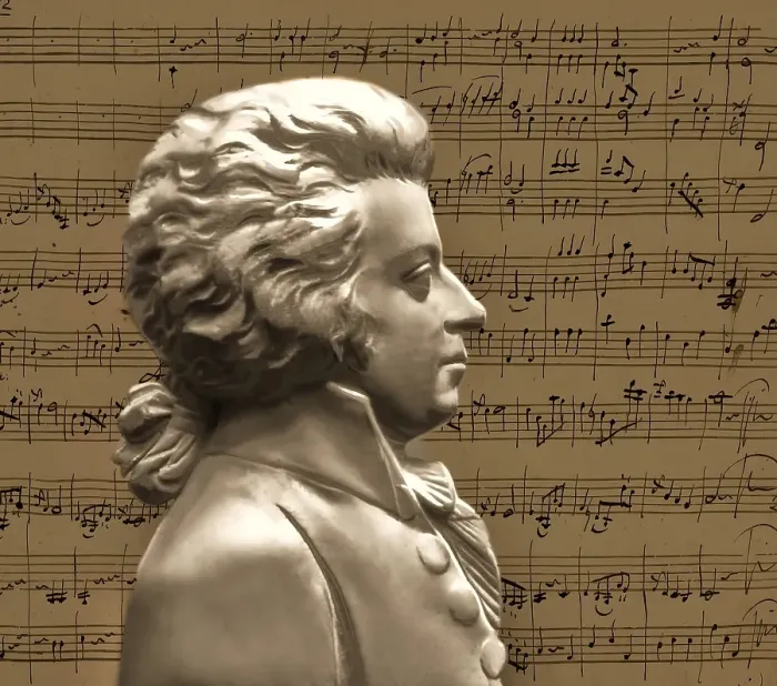 Framed Print : Wolfgang Amadeus Mozart, 1756 - 1791, composer of classical music, First Viennese School, notesheet from Minuet No. 2 for orchestra, KV 164, 1772, digitally edited after a figure by Posch
