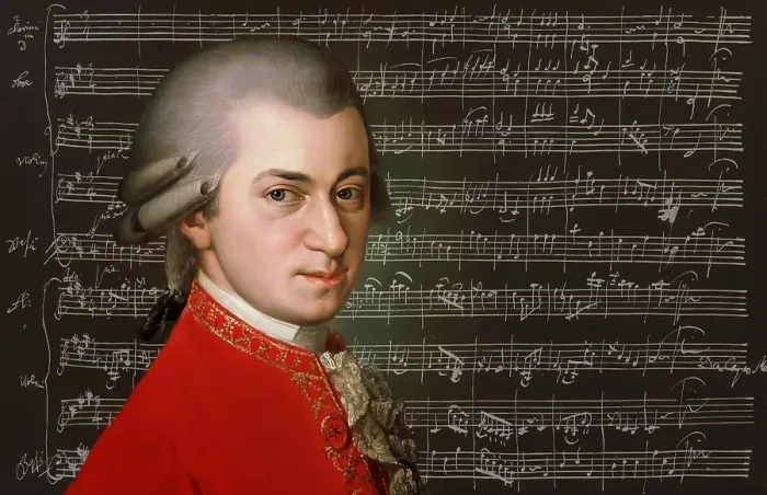 Framed Print : Wolfgang Amadeus Mozart, 1756 - 1791, composer of classical music, First Viennese School, notesheet from Minuet No. 2 for orchestra, KV 164, 1772, digitally edited