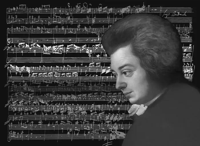 Framed Print : Wolfgang Amadeus Mozart, 1756 - 1791, composer of classical music, First Viennese School, notesheet from Allegro and Andante, Fantasy in F minor for mechanical organ, KV 608, 1791, digitally edited