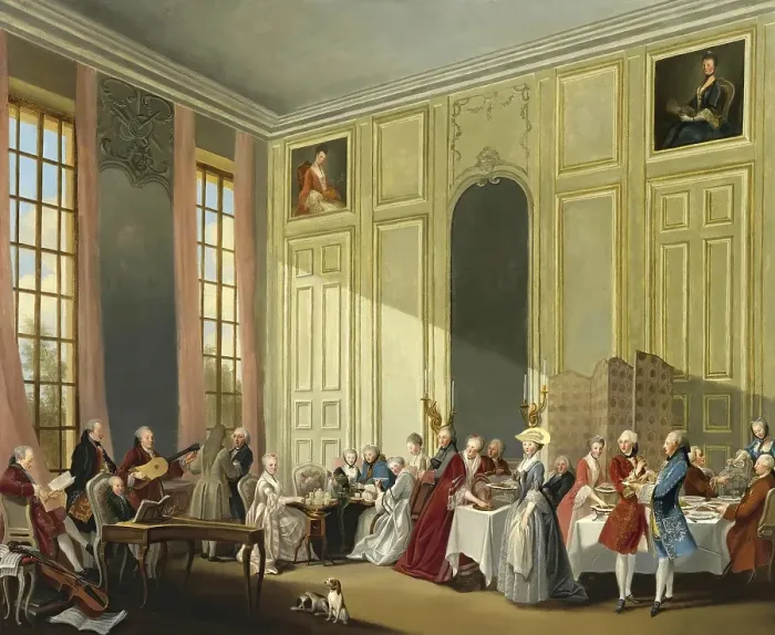 Framed Print : Wolfgang Amadeus Mozart at the age of 14 giving a concert in the Salon Des Quatre-Glaces Au Palais Dutemple at the Court of Prince De Conti, 1770, digitally edited after Ollivier