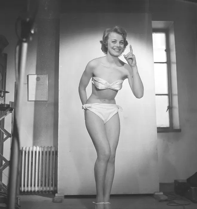 Framed Print : Woman of the 1950s. Young swedish girl pictured wearing a bikini Framed Print : Woman of the 1950s. Young swedish girl pictured wearing a bikini
