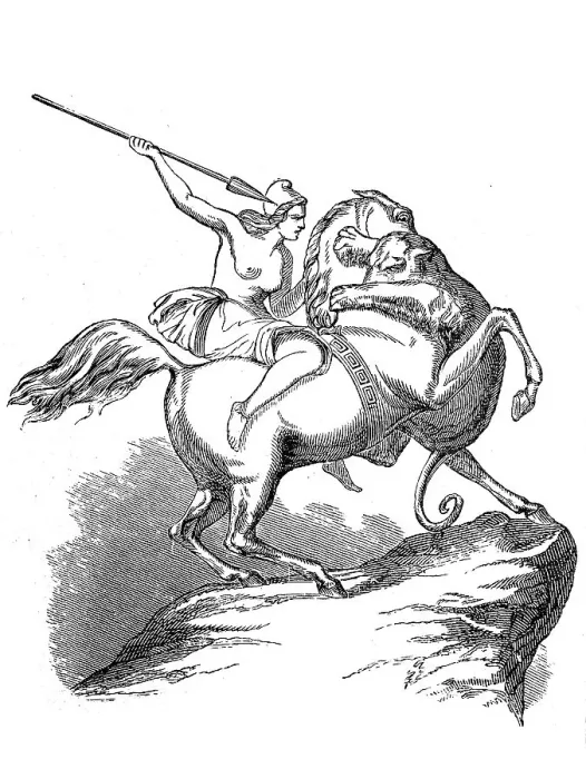 Framed Print : Woman, Amazon on horseback fighting a lion