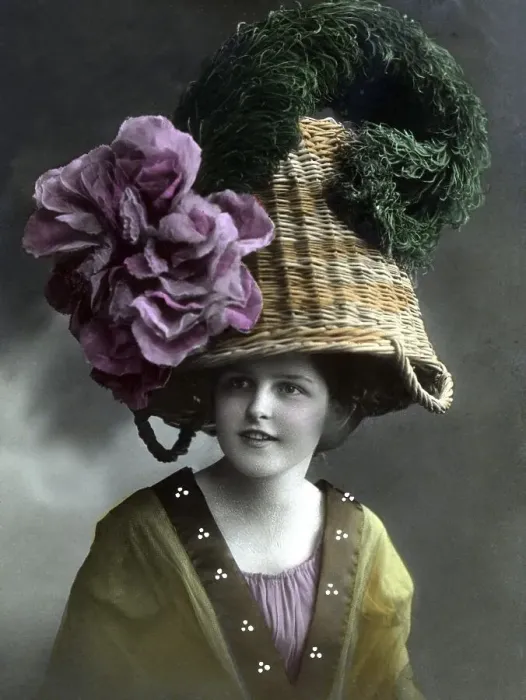 Framed Print : Woman with a basket as a hat, hat fashion Framed Print : Woman with a basket as a hat, hat fashion