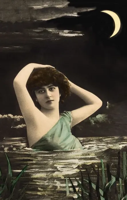 Framed Print : Woman bathing in the lake at night