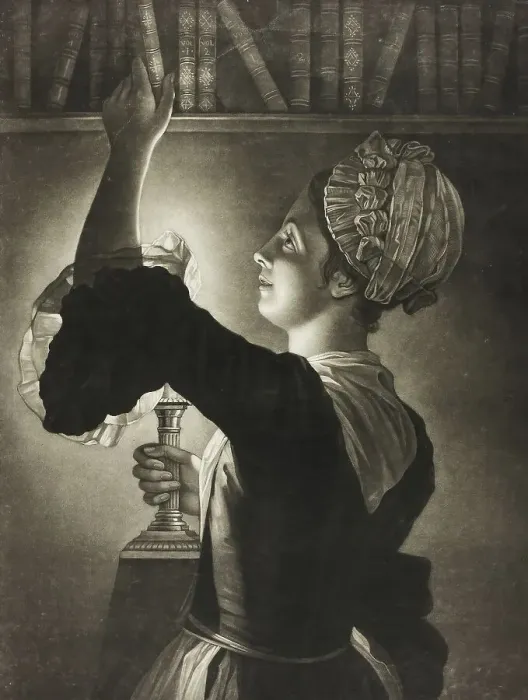 Framed Print : Woman with a candle lamp takes a book from the shelf Framed Print : Woman with a candle lamp takes a book from the shelf